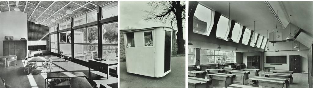 Three photographs of Woodberry Down School, including one of a classroom, one of a tuck shop booth, and one of a workshop.
